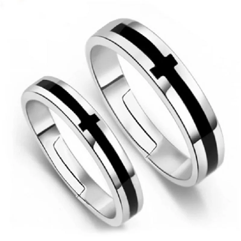 

Anniversary sale 2018 Fashion Black Men Women Couple Rings Cross Silver Plated Rings Lover High Quality Jewelry Wholesale