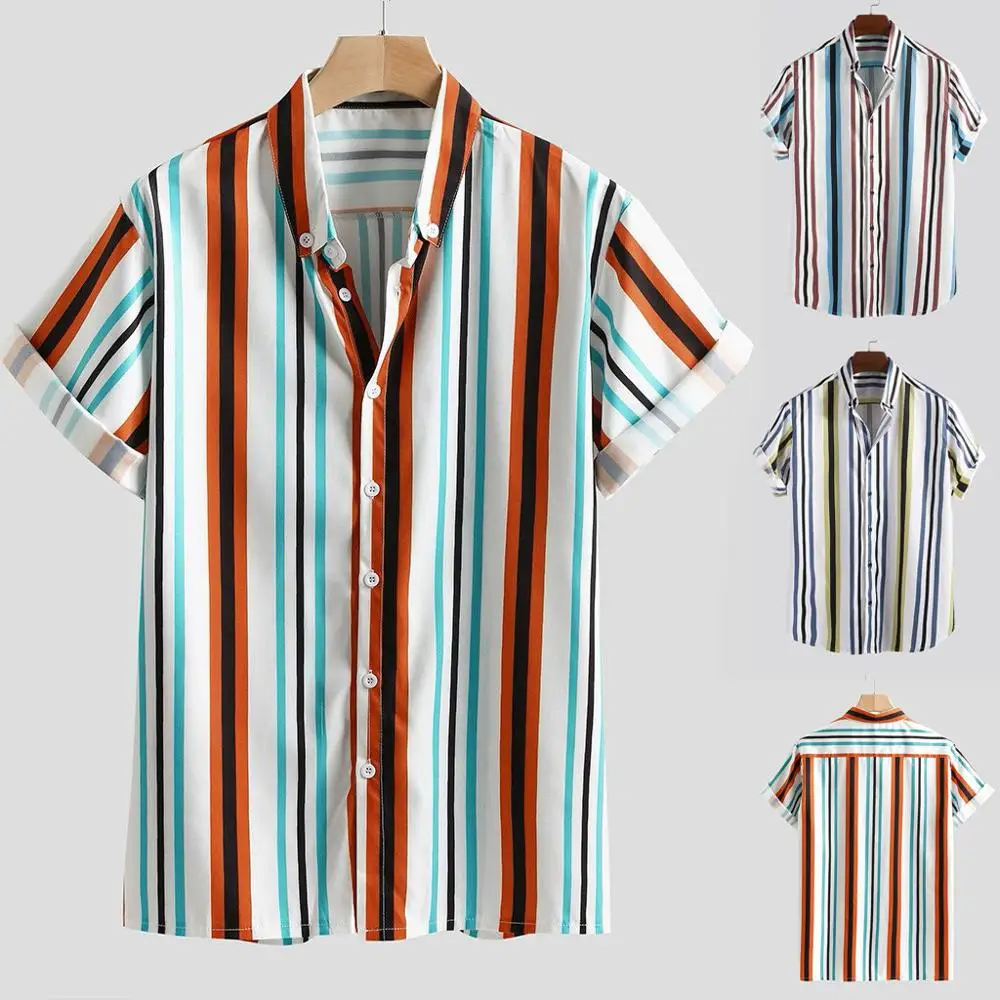 

Mens Breathable Striped Turn Down Collar Short Sleeve Loose Casual Shirts