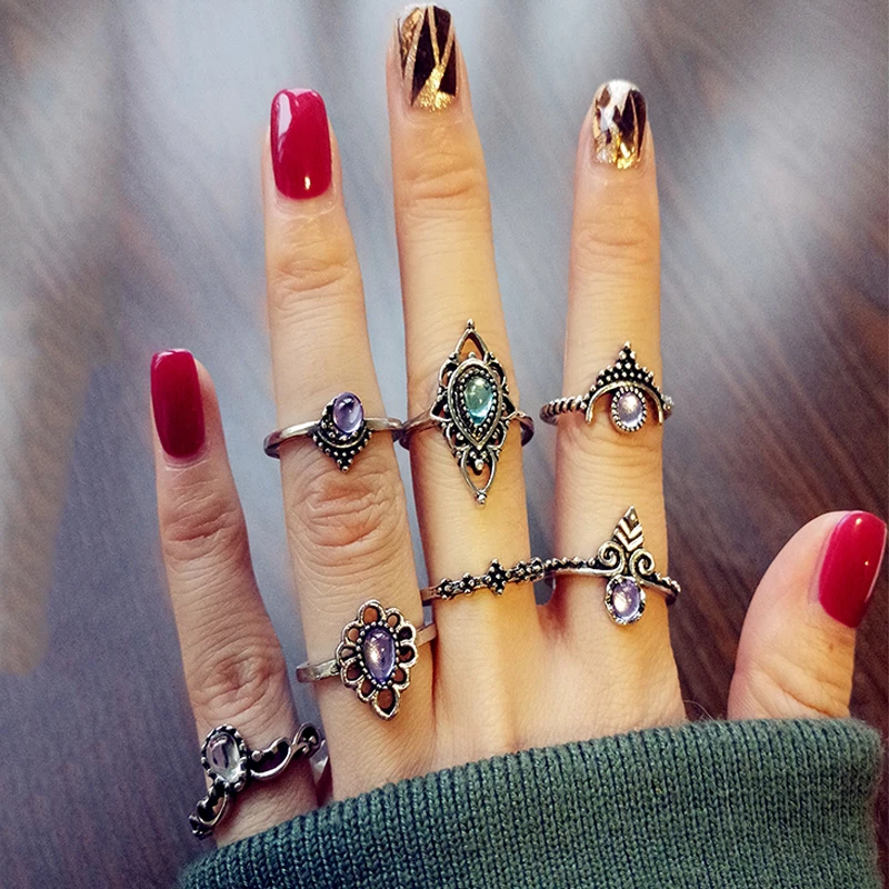

Vintage Women Rings Crown Leaf Drops Crystal Openwork Joint Gold Silver Ring Set Bohemian Female Wedding Party Accessories