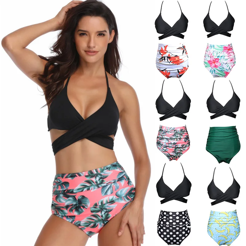 

Women Bikini Swimming suits Two-Piece Push Up Swimwear Criss Cross Bandage Halter Bohemia Vintage High Waist Swimming Trunks XL