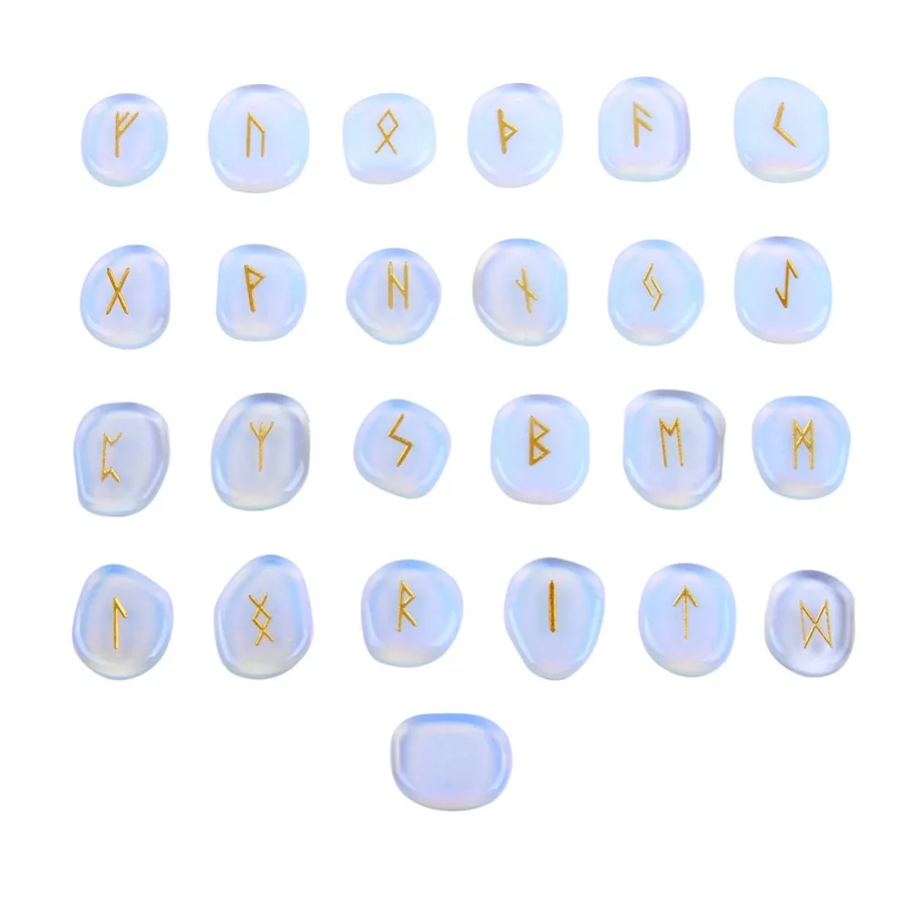 

Engraved White Opalite Palm Stone 25pcs Viking Rune Stones Set Reiki Healing Crystal Craft Feng Shui Decoration with Velvet Bag