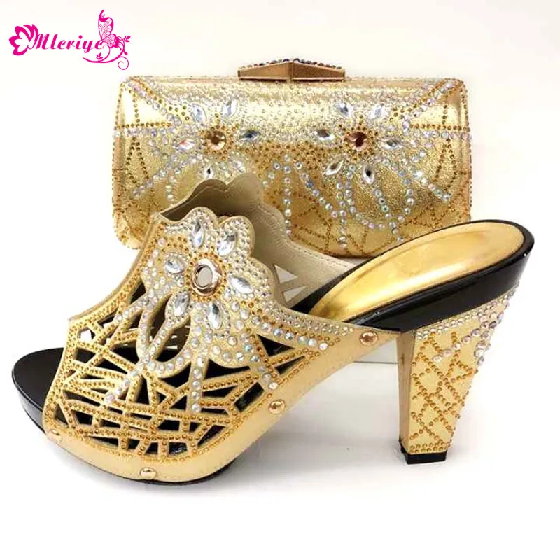 

2019 New Summer Africa Pretty Women Shoes And Bag Set GOLD COLOR Nigeria PU Rhinestone High Heels Shoes And Bag Set For Party