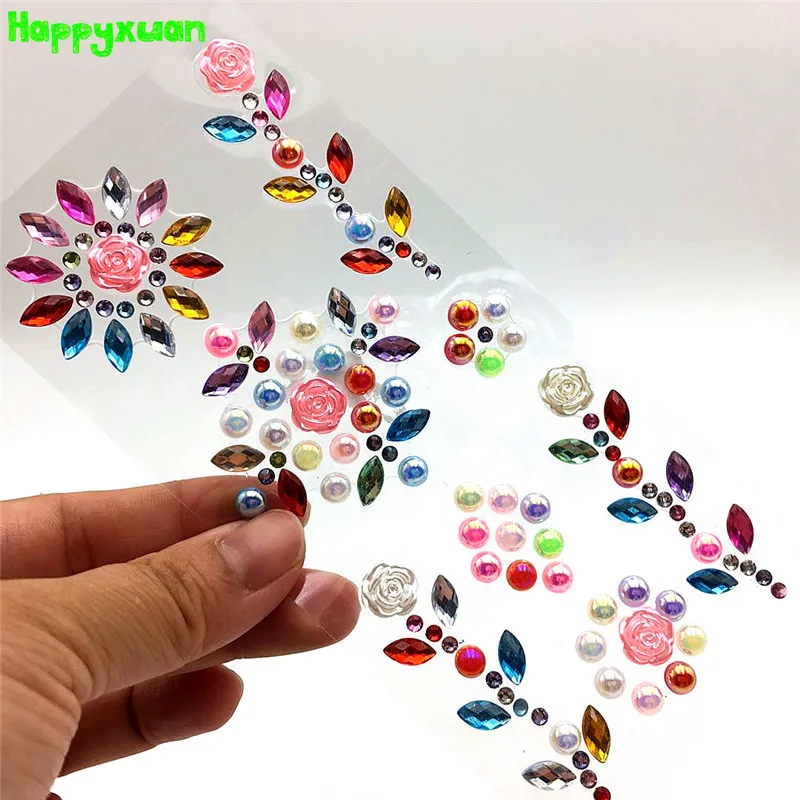 Happyxuan 4 листа DIY акриловые наклейки Кристалл бриллиант Стразы Жемчужная роза для