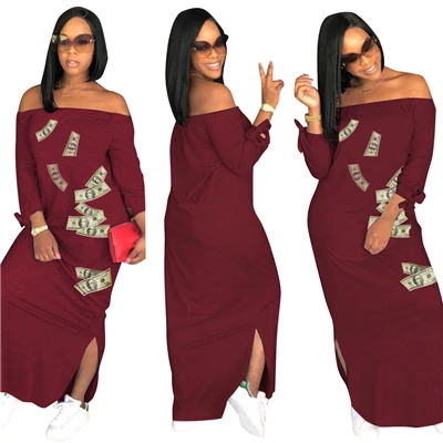 Adogirl/Макси-платье размера плюс S-3XL с принтом Money dollar, повседневные длинные платья с открытыми плечами и завязками, с рукавом 3/4, с разрезом сбоку, летние платья - Цвет: burgundy dress