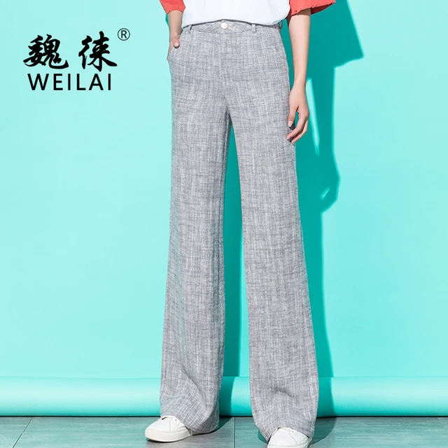 Женские льняные широкие брюки, весенние серые брюки в полоску с высокой талией, брюки палаццо в Корейском стиле, большие размеры 5XL, 2019