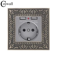 Coswall Высококачественная ретро-панель из цинкового сплава 16A серая Европейская стандартная настенная розетка с двойным USB 2.1A зарядным портом рельефная панель