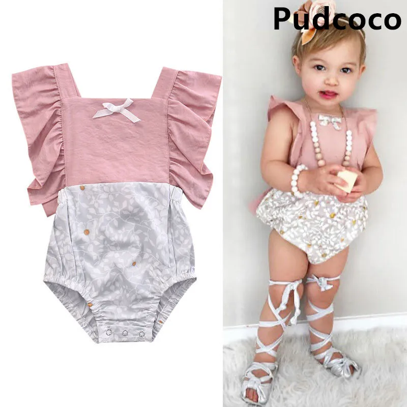 Infant Baby Girls Floral Patchwork Romper Back Cross Jumpsuit Playsuit Clothes Outfits 0-24M