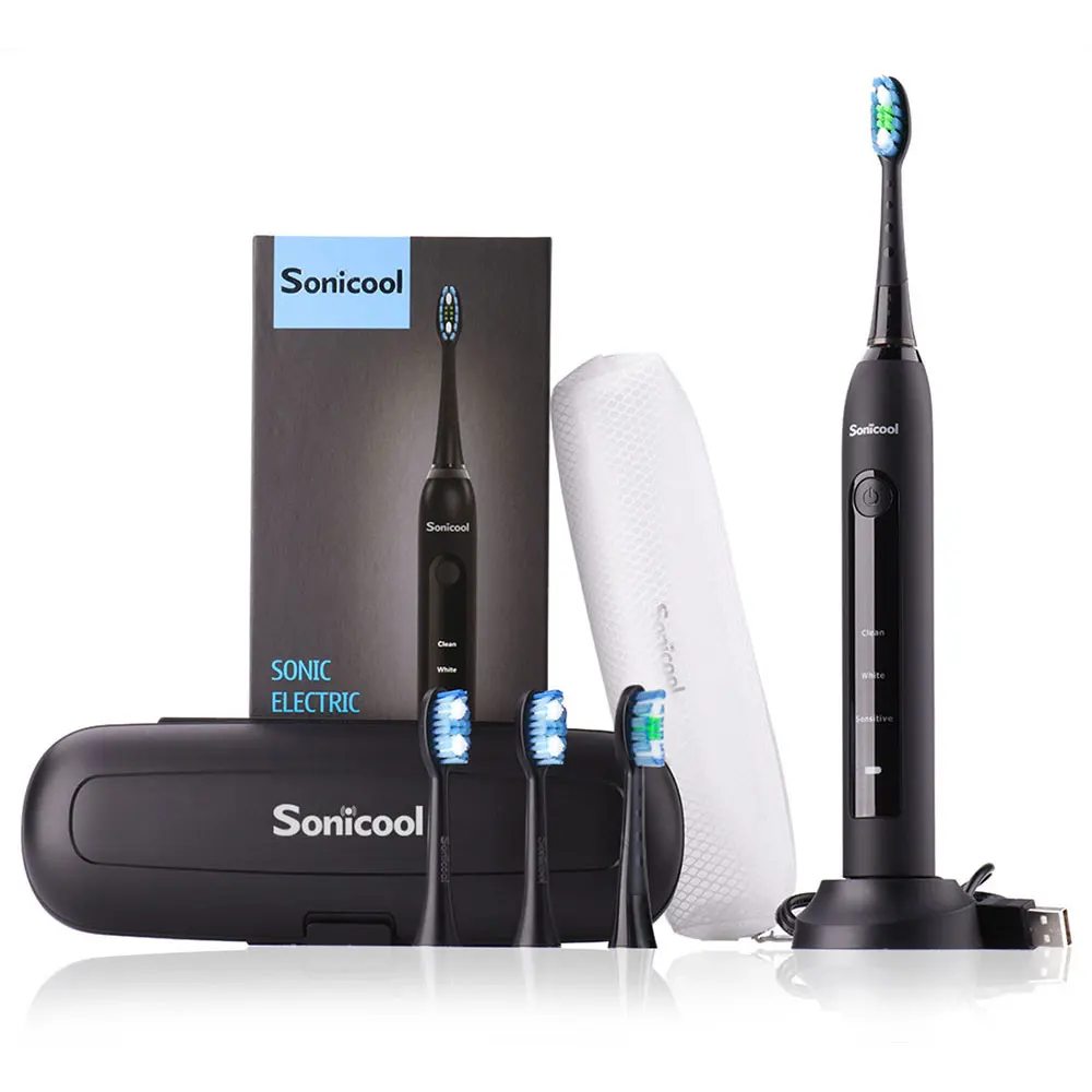 Sonicool 051B Electric Toothbrush USB Rechargeable Ultrasonic Vibrations Tooth Brushes With 4 Pcs DuPont Brush Heads - Цвет: black