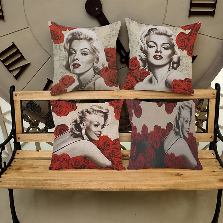 Best Red Rose Marilyn Monroe Print Cotton Linen Throw Pillows Home Decoration Art Vintage Retro American Sofa Cushions Car Pillows