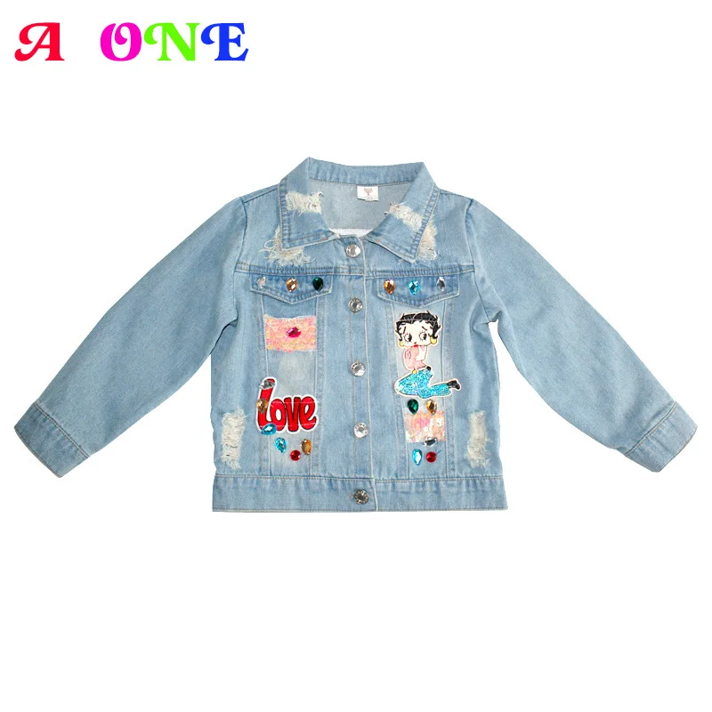 

Spring Autumn girls denim jacket baby outfit kids outwear children coat ripped sequin faux crystal letter patch 2 to 7 yrs