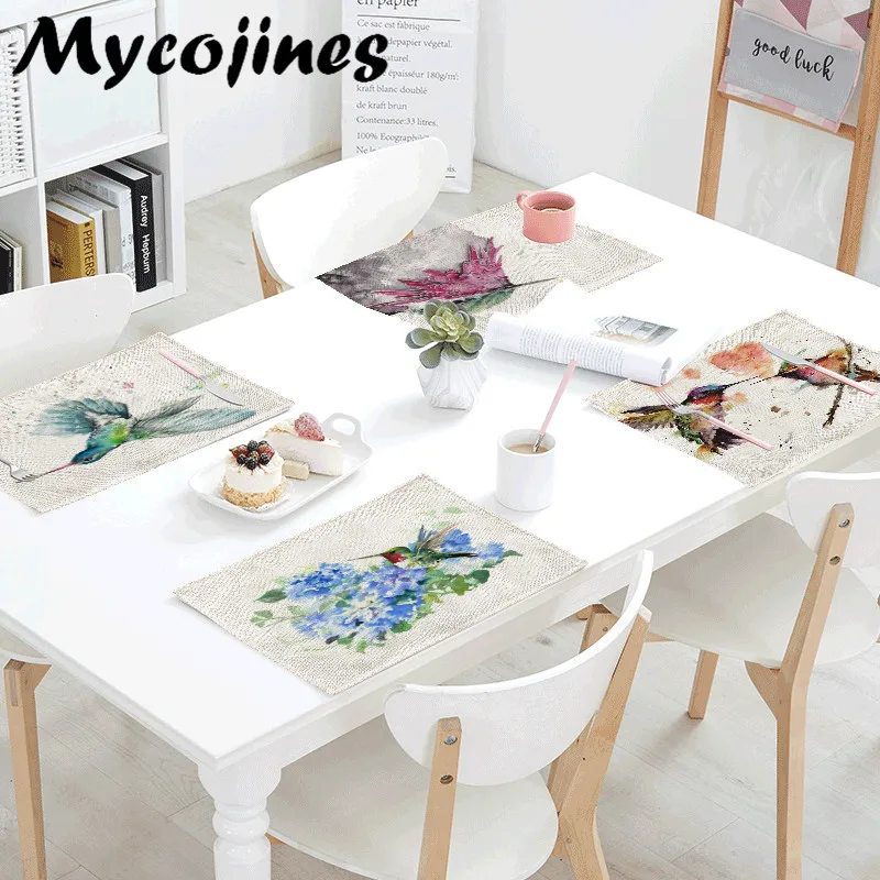 

Watercolor Bird Striped Table Mat Blue Flower Placemat Colorful Table Napkin Decorate Office House Dining Hall Restaurant