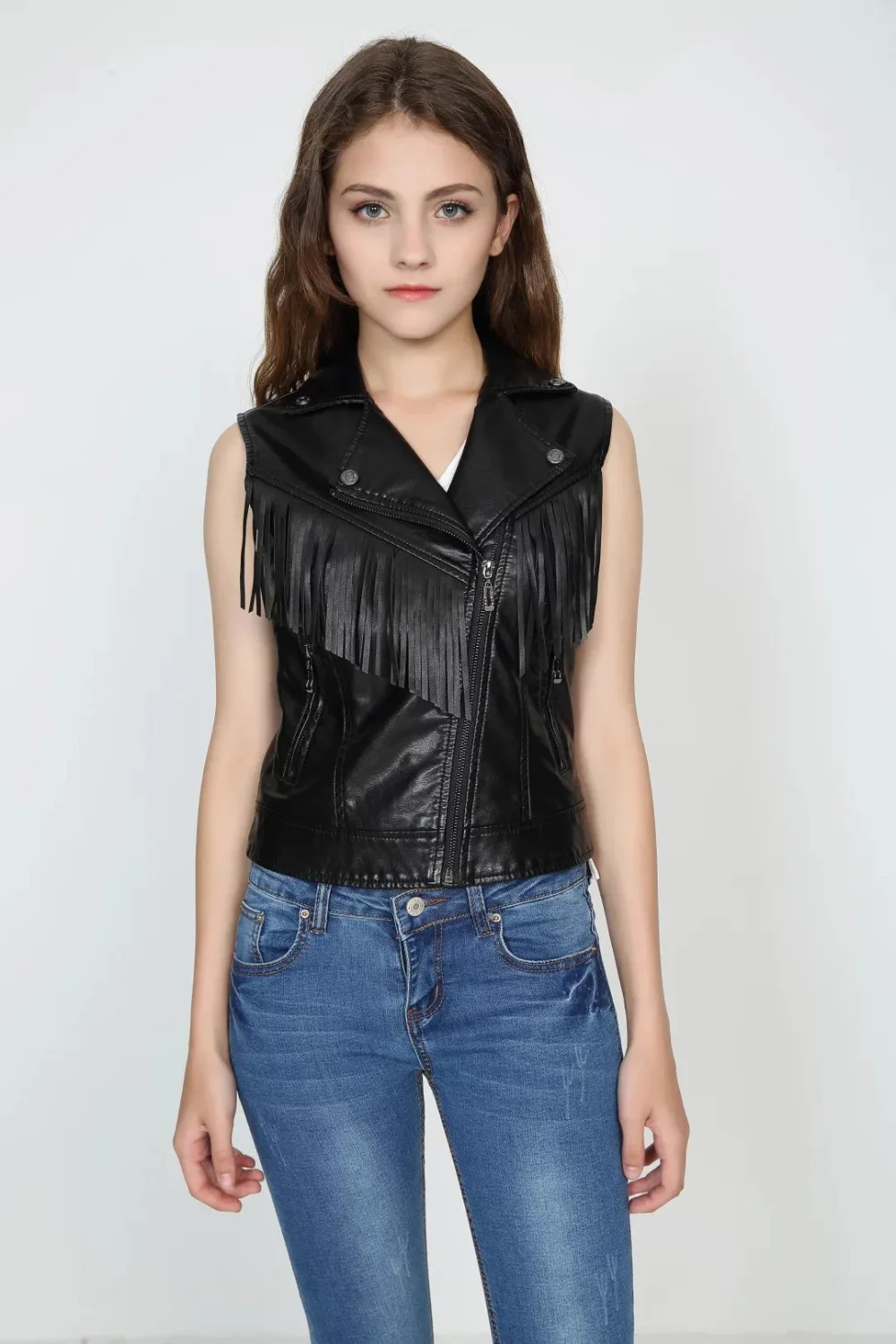 Beste Vrouwen faux lederen vest mouwloze jassen dames zwart vest volledige gevoerde kwastje korte SML slim fit vrouwelijke nieuwe vesten hot