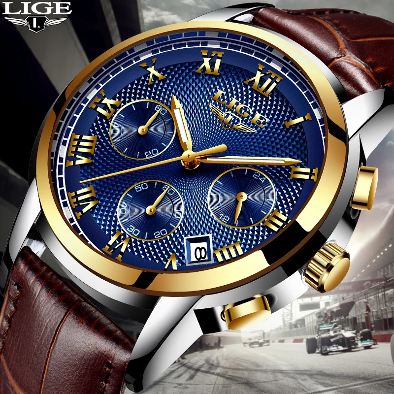 

Mens Watches Brand LIGE Men Luxury Brand Chronograph Men Sports Watches Waterproof High Quality Leather Quartz Men's Watch+Box