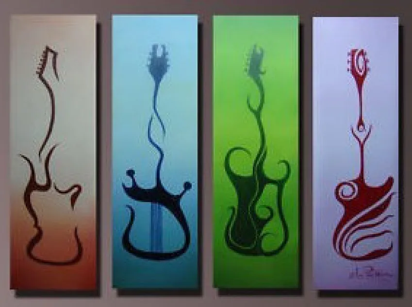 

Hand Painted 4 Panels Musical Instruments Guitar Abstract Oil Painting Wall Art On Canvas