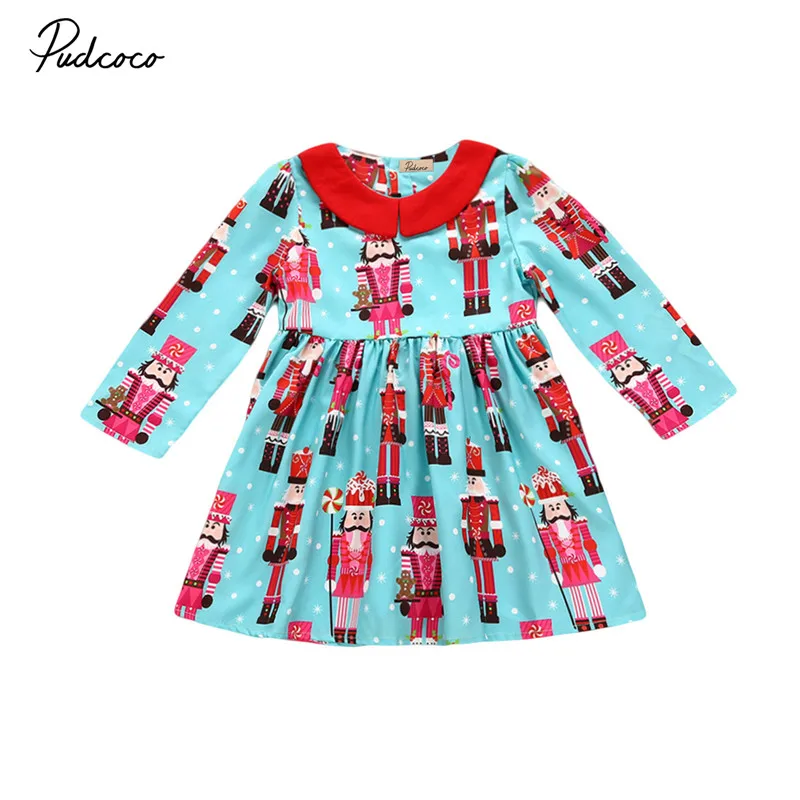 

Cute Baby Children Girls Cotton Xmas Party Dress Lovely Long Sleeve Doll Collar Girls Baby Dress Christmas Snowman Print Dress