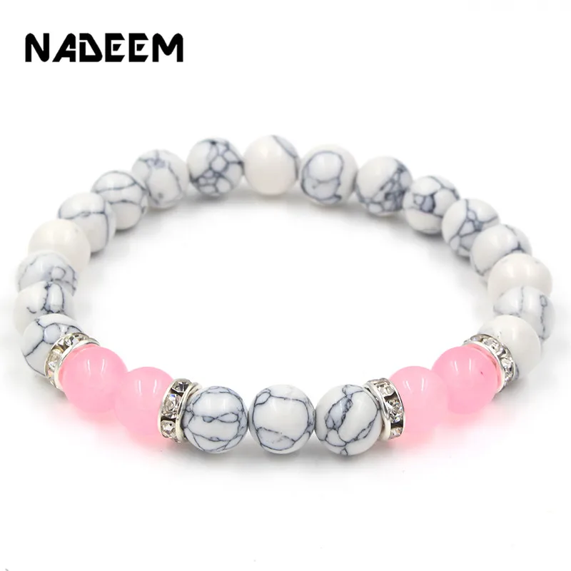 

Natural Howlite & Quartz Stone Beads Bracelet Men Women Strand Handmade Cuff Wristband Adjustable Bileklik Bracelet Lover Gift