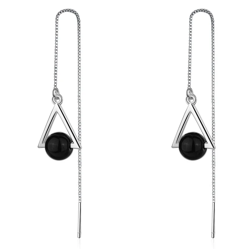

Silver Earrings New Design Triangle Fashion Black Gem 925 Sterling Silver Drop Earrings for Women Jewelry Gift Wholesale
