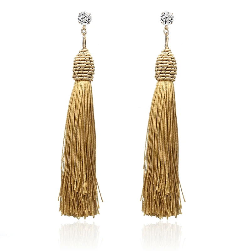 

E0121 Bohemian Crystal Tassel Earrings Black White Blue Red Yellow Silk Fabric Retro Long Drop Dangle Earrings For Women Jewelry