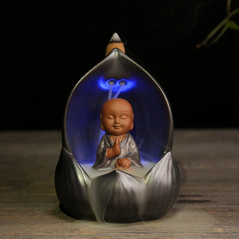 

Backflow Incense Burner Gradient LED Light Little Monk Buddha Incense Holder Home Decor Ceramic Censer + 10Pcs Incense Cone