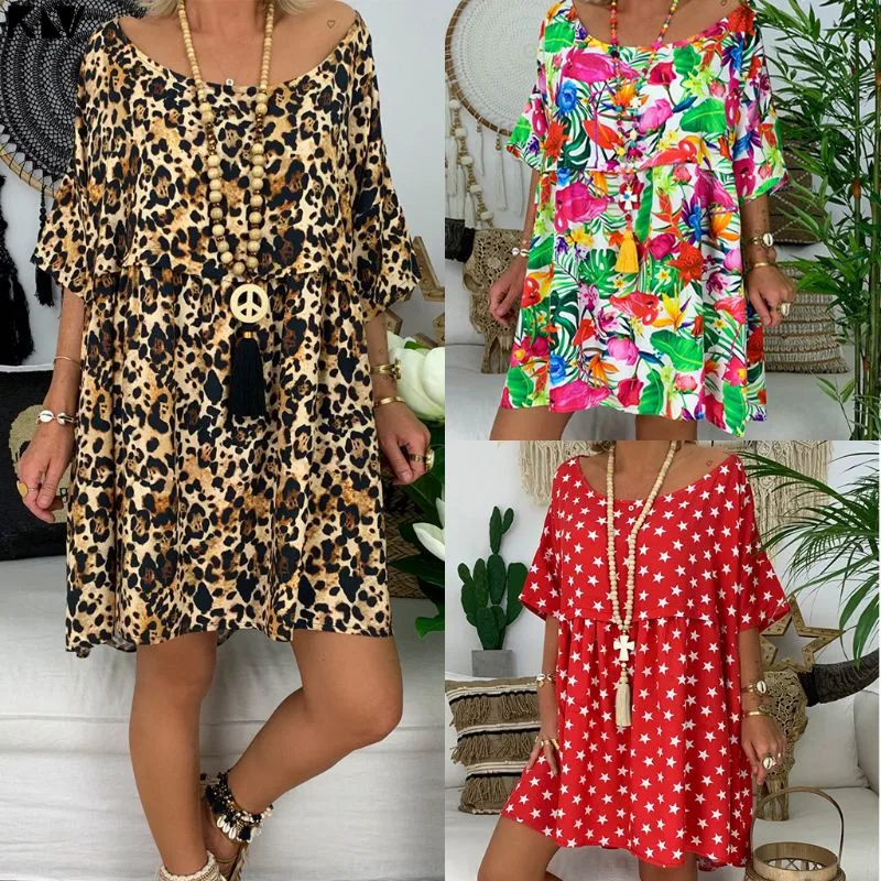 

KLV Women Plus Size Retro Boho Half Sleeve O-Neck leopard Dress Summer Beach Casual Mini Dress