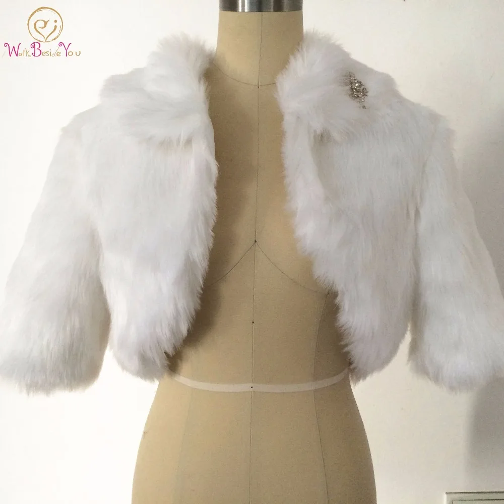 Walk Beside You White Fur Bolero Jacket Wedding Bridal Cape Half Sleeve Wedding Coat Faux Fur