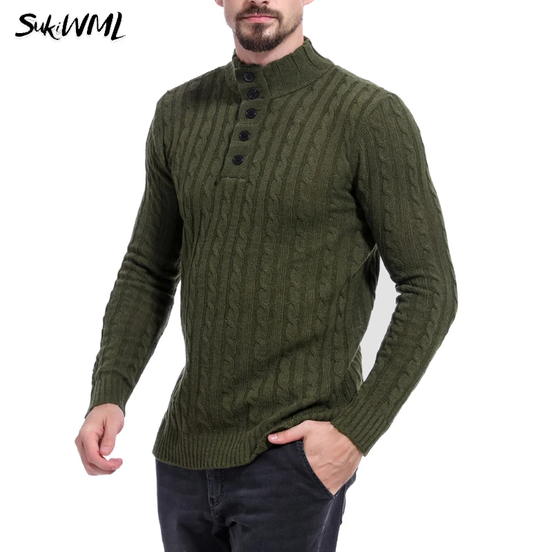 Green SUKIWML, мужские свитера, зима, водолазка, мужской теплый пуловер, мужской зимний Повседневный пуловер на пуговицах, одноцветная мужская вязаная одежда - Цвет: Green