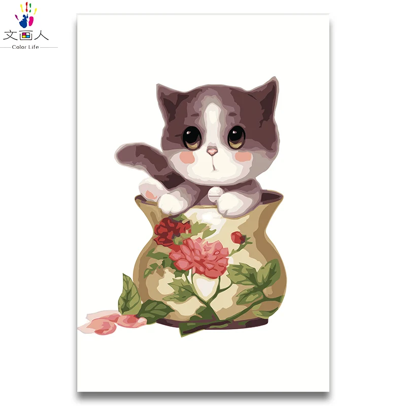 

Children oil Painting by numbers,Cute animals picture Coloring by numbers cat in flower vase art picture painting with kits