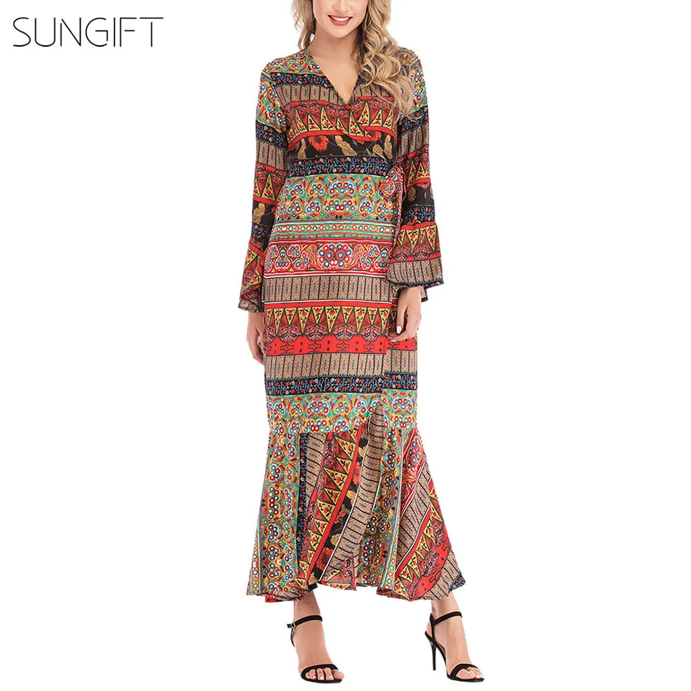 Женское платье в африканском стиле SUNGIFT летнее макси с оборками и расклешенными