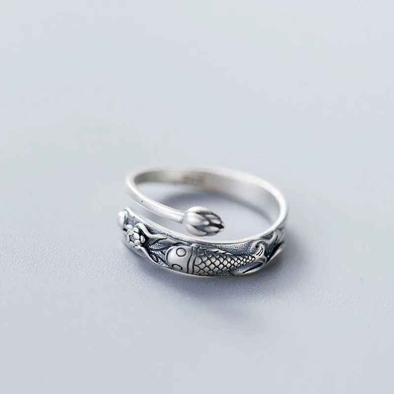 

Vintage Carp Fish Lotus Flower 925 Sterling Adjustable Ring