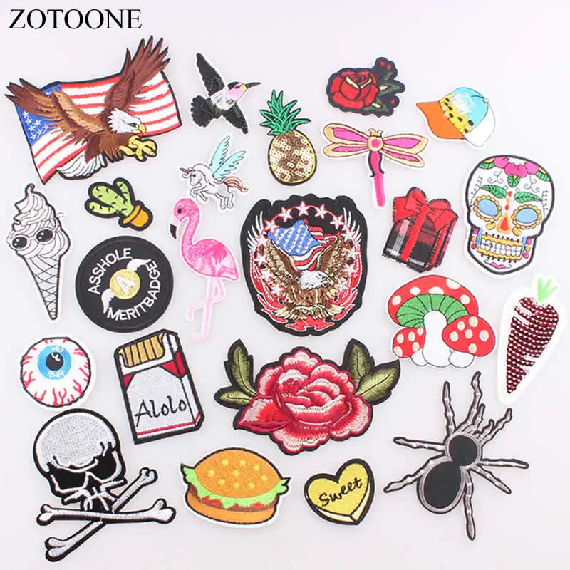 

ZOTOONE 1PCS Flower Eagle Punk Patch Iron on Embroidered Food Patch Applique DIY Sewing Fabric Repair Clothes Patches Stickers B