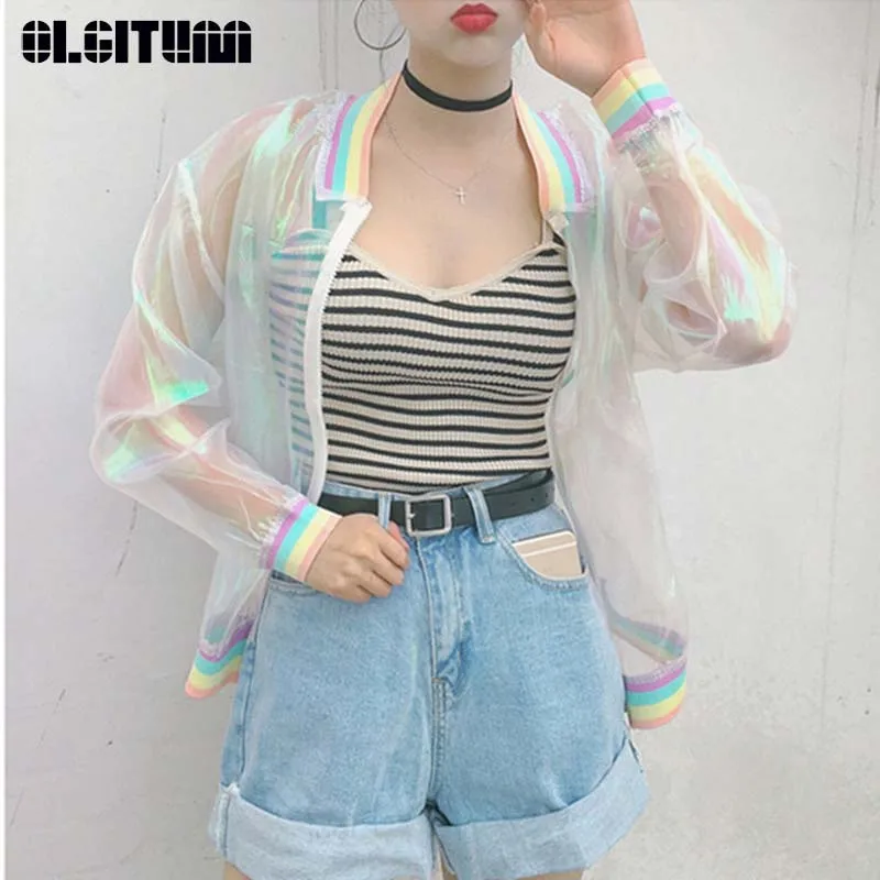 

New 2019 Women Tops Harajuku Laser Rainbow Holographic Rainbow Transparent Pilot Jacket Sun Protection Jacket JK713