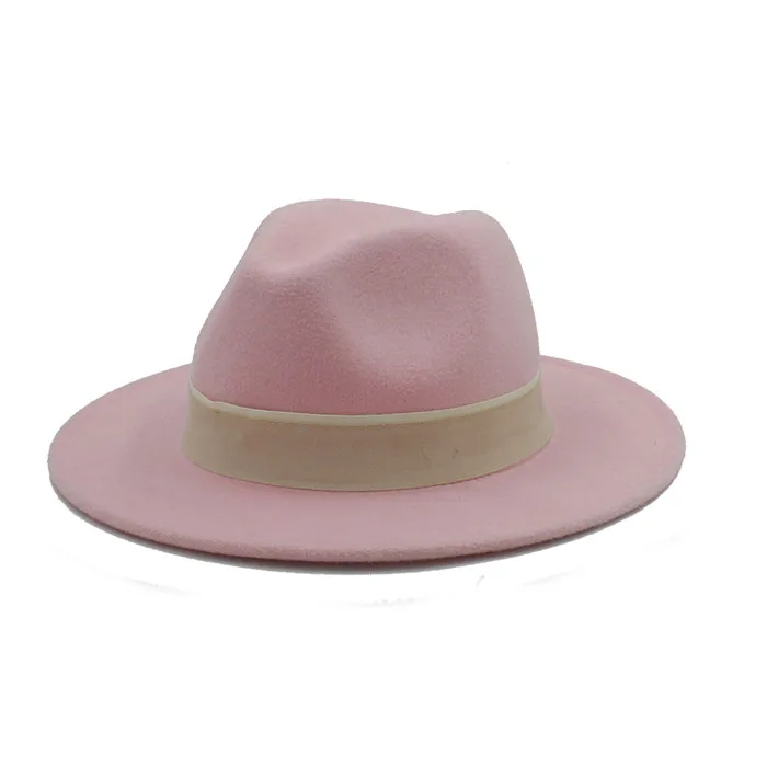 Шерстяная женская мужская фетровая шляпа Федора с широкими полями Chapeu Feminino Jazz Hat для леди Outback шляпы сомбреро размер 56-58 см - Цвет: Pink