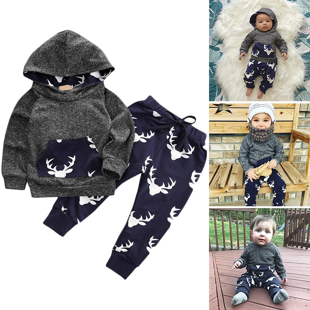 New Design Baby Toddler Infant Girls Boys Deer Print Long Sleeve Hoodie Tops Sweatsuit Pants Casual Outfits Set Clothes