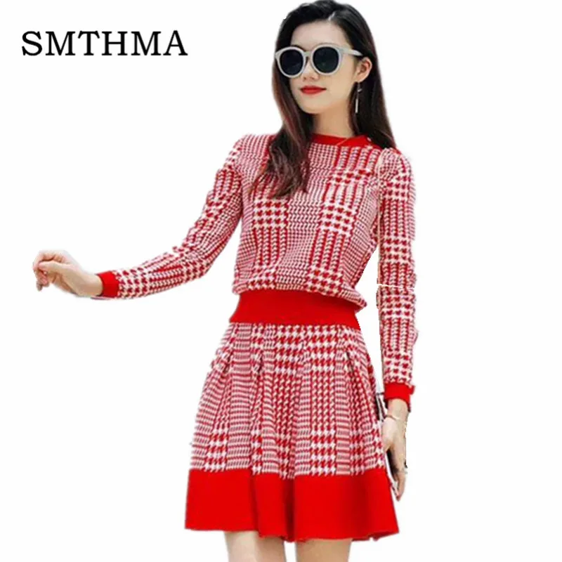 

2019 Autumn Fashion Runway Women's Long Sleeve Knit pullover Sweater +High Waist Plaid Skirt Two Piece Ladies Elegant Skirt Suit