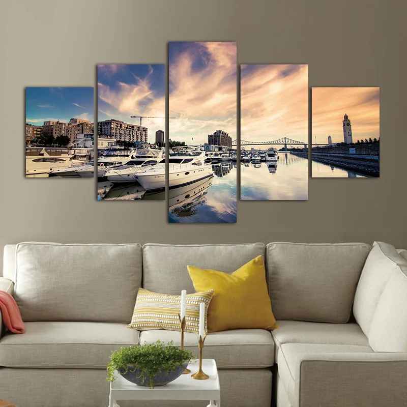 5 Pieces Frameless Canvas Photo Prints City Sea Boat Wall Art Picture