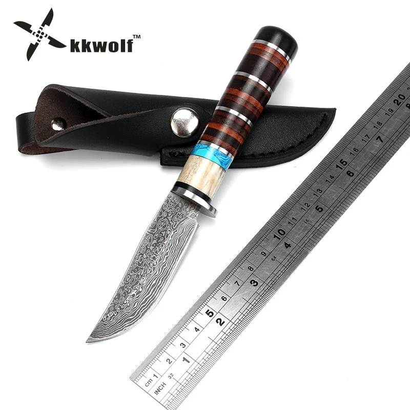

KKWOLF Damascus pattern steel Hunting knife Fixed Blade Knife Leather handle Tactical Knife Outdoor camping survival Knives gift