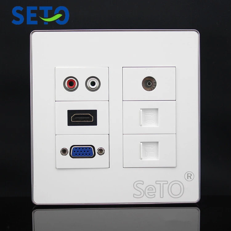 

SeTo 120 Type TV + RJ45 Cat5e Network + RJ11 Cat3 + VGA + HDMI + Audio Socket Panel Outlet Wall Plate Keystone Faceplate