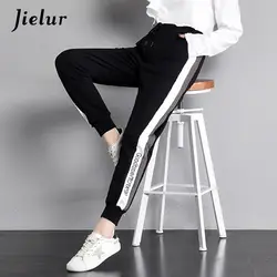 Jielur эластичный лоскутный пояс с буквенным принтом Модные узкие брюки заклинание цвет мотобрюки для женщин черный шик дамские шаровары Feminino
