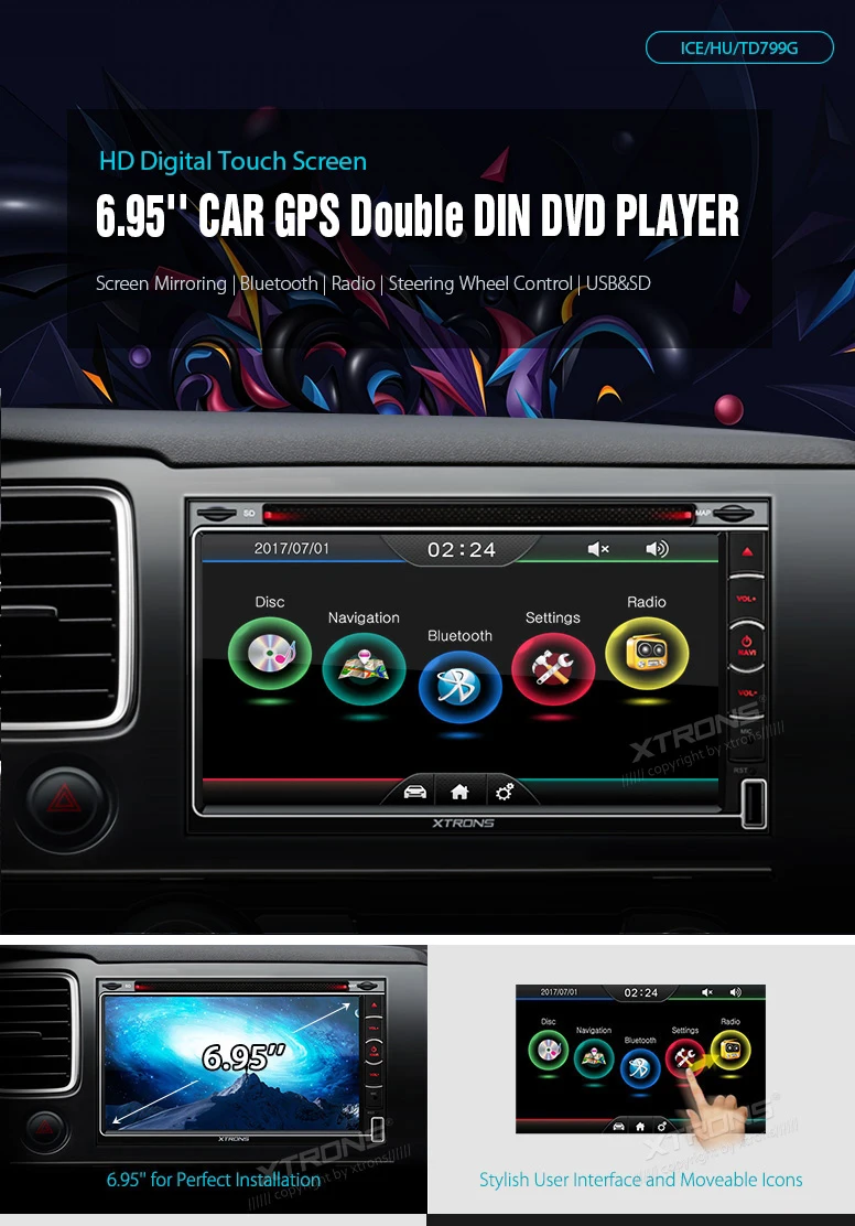 Clearance 6.95" Double Din Car DVD 2 Din Car Navigation GPS Two Din Multimedia Player with Piano Black Surround & Moveable Icons 0