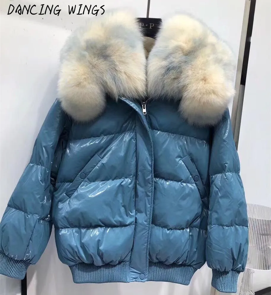 

Female Glossy Down Parka Winter Jacket With Real Fox Fur Collar 90% Loose White Duck Down Coat Waterproof Outerwear