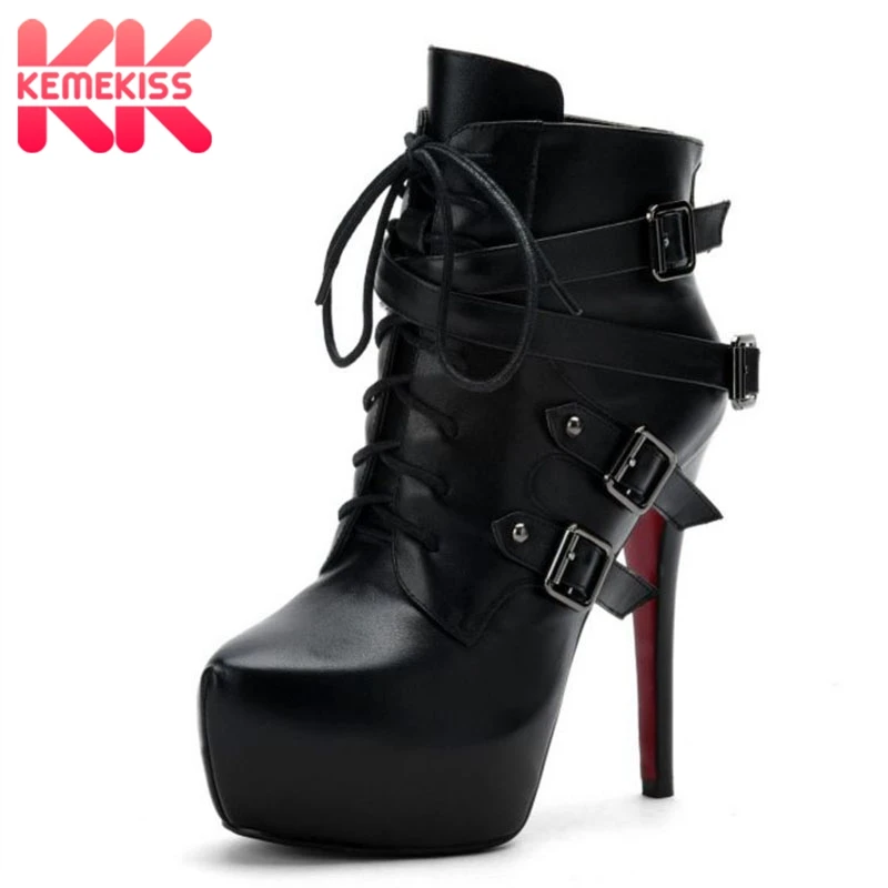 

KemeKiss Fashion Women Real Leather High Heel Boots Winter Keep Fur Lace Up Ankle Boots Sexy Boots Women Footwear Size 33-40