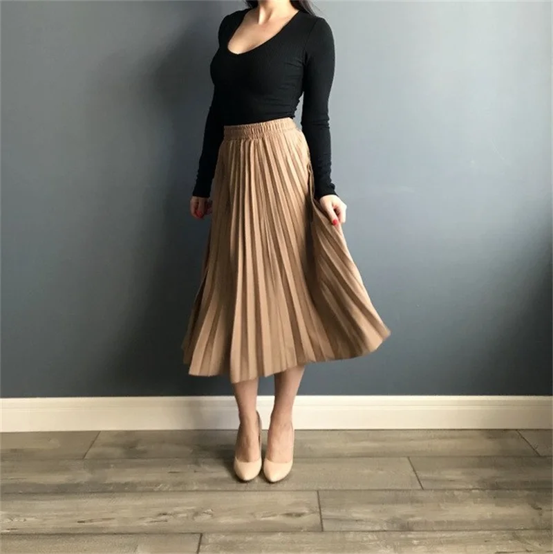 

Spring Autumn Long Pleated Skirts Womens Summer Casual Women Skirt High Waist Elascity Faldas Party Skirt Streetwear Jupe Femme