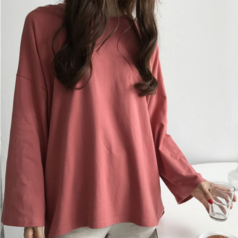 

2019 Korean Ulzzang Oversized Solid T-shirt Women Casual Plus Size Flare Sleeve T Shirt Female O-Neck Pullover Vogue Tops Tee