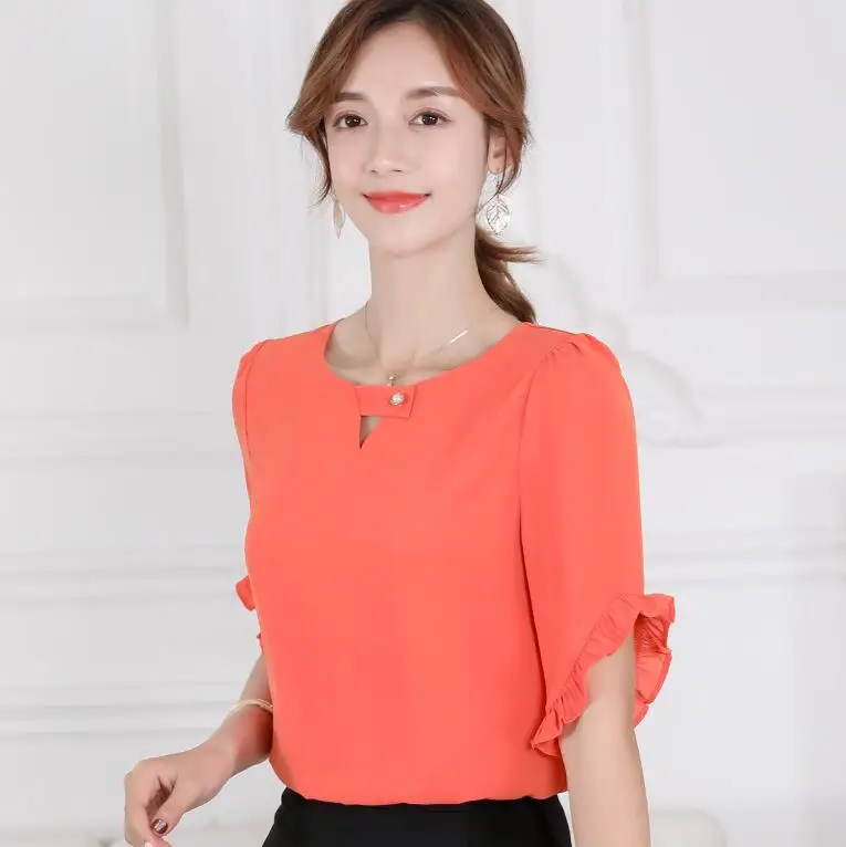 Spring Summer Chiffon Shirt Women's Fashion Pure Color Short Sleeve Thin Top Office Ladies New Korean Leisure Work Blouse H7069 5