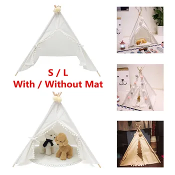

Portable Dog Cat Pet Teepee White Dog House Tent Washable House Summer Ventilation Wood Stent Tents Kids Play Tents S/L With Mat