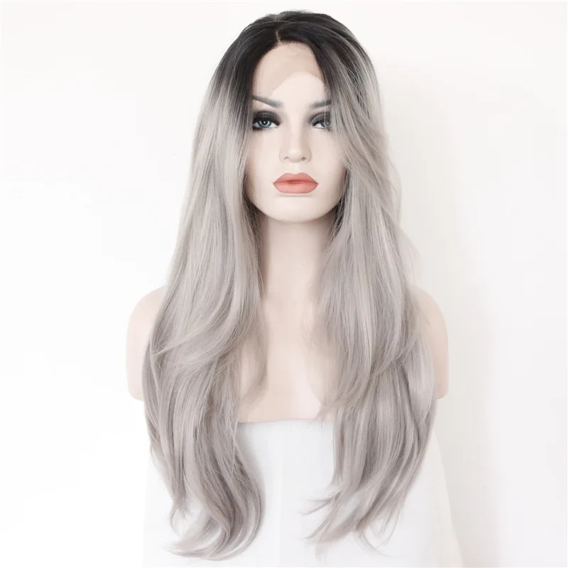 2 Tones Synthetic Lace Front Wig Gray Grey Silver Ombre Hand Tied Wigs