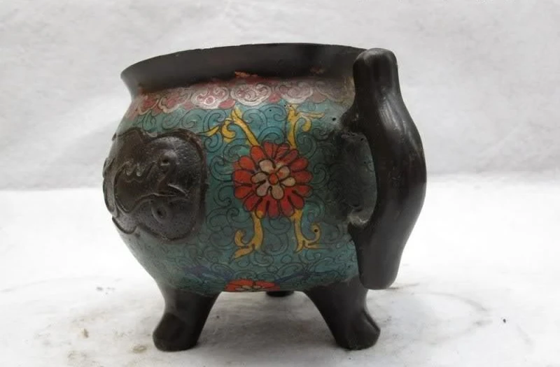 

Tibet Folk Classic Copper cloisonne Buddhism Mantra Ding incense burner Censer