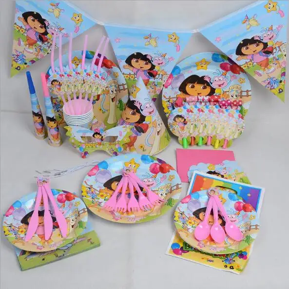 

Dora the Explorer Theme Kids Birthday Party Supplies Disposable Tableware Paper Cup Plates Napkins Tablecloth Baby Shower Decor