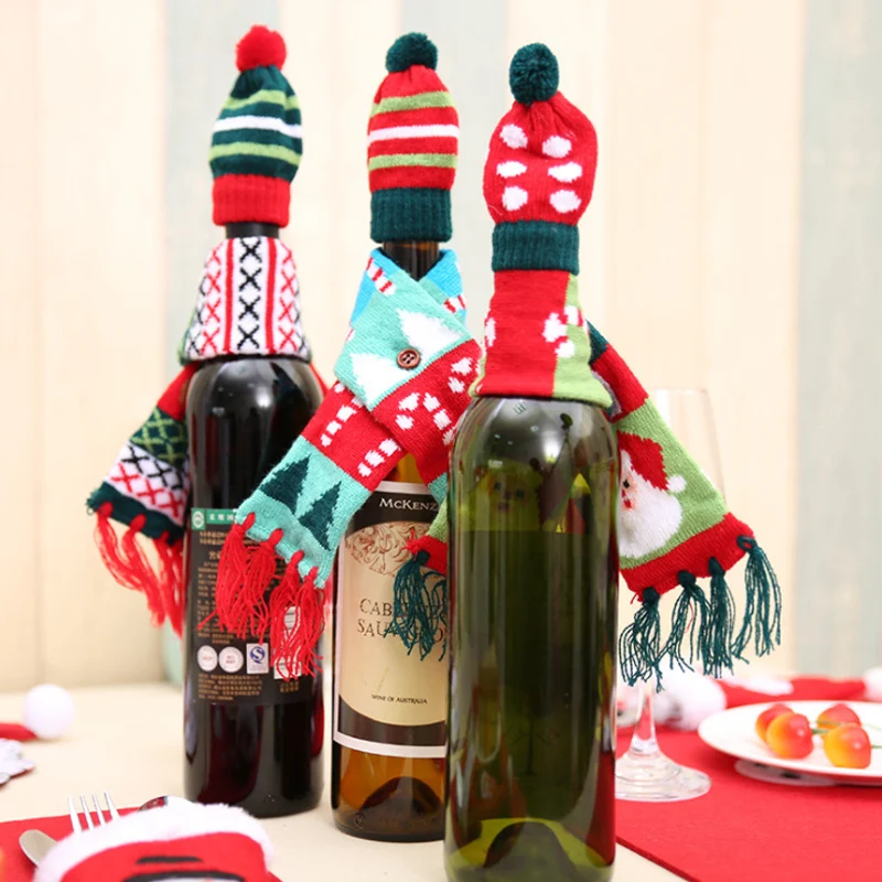2 шт./компл. Рождество Санта Клаус для бутылок вина шампанского вязаные шапочки и шарфа Xmas Главная украшения для праздничного стола украшения подарки