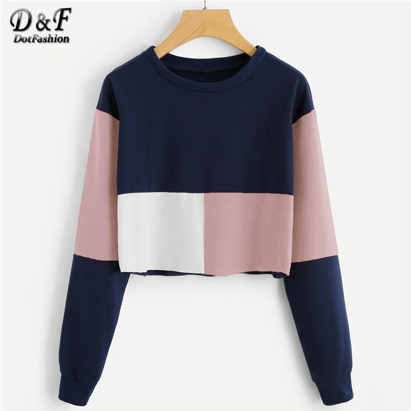 Dotfashion Geometric Colorblock Crop Sweatshirts Women